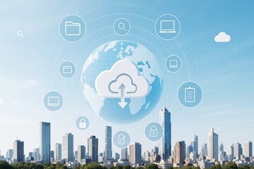 Cloud data communication and technology concept with global network connections over smart city skyline on light blue background in abstract style.