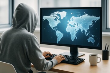 Hacker in hoodie using computer with digital world map glowing on screen in modern office environment, cyber security concept background light tech..