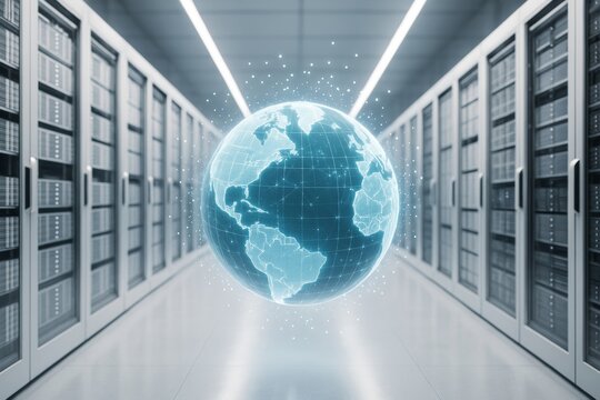 Digital globe hologram floating in data center corridor, representing global network and data technology on modern light background. Ai generative.