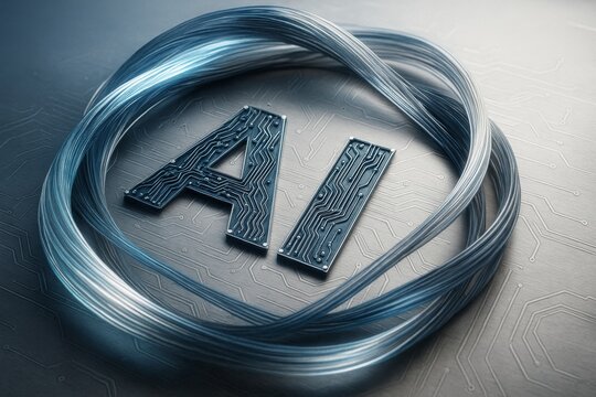 AI letters with circuit texture surrounded by fiber optic cables on abstract metallic background symbolizing futuristic light technology concept.