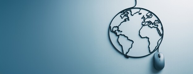 Computer mouse connected to a wire shaped like a world map on blue background symbolizing global tech connectivity and communication concept.