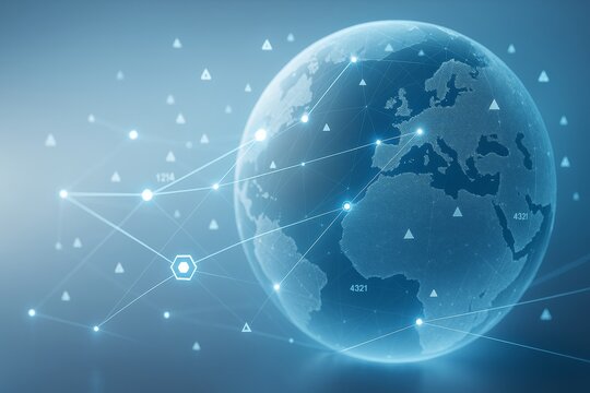 Futuristic digital globe with glowing connections and data points on light blue background symbolizing global network and business technology concept.