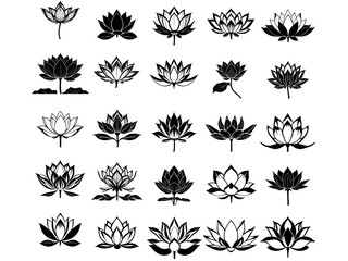 A New Vector Silhouette Style Illustration Featuring a Set of Various Lotus Flowers, Perfect for Spiritual and Nature-themed Projects with a Transparent Background.