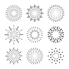 Obraz premium Fireworks element set isolated on a white background. Simple flat linear design. Vector illustration, fireworks icon design.