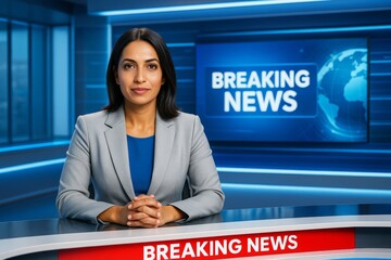 Female news anchor in modern studio with blue digital background and glowing light effects presenting breaking news on a technology-themed set. Ai generative