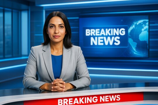 Female news anchor in modern studio with blue digital background and glowing light effects presenting breaking news on a technology-themed set. Ai generative