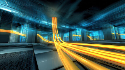 Next-gen high-tech data center with glowing cables and dynamic holographic interfaces, visualizing real-time analytics and the movement of big data streams.