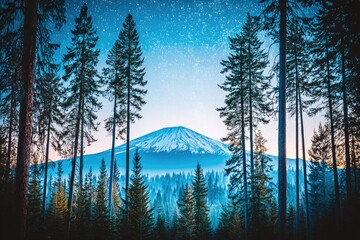 Mountain peak framed by tall pines under a starry night sky