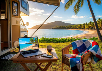 Romantic view of wild campsite of digital nomad with laptop, cup of coffee and smartphone on tourist table with cozy chair near motorhome. AI-Generated