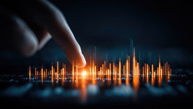 Finger touches glowing data graphs