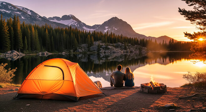A young couple sits by a campfire, enjoying the sunset over a pristine mountain lake with their orange tent nearby. AI-Generated - Powered by Adobe