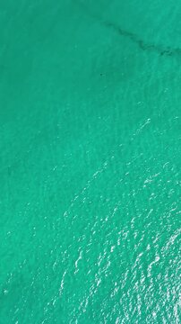 Vertical drone aerial over emerald blue ocean nearby Tsunoshima Bridge in Japan, summer travel concept