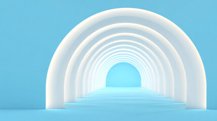 An abstract image featuring multiple white curved arches forming a tunnel-like structure on a light blue background.