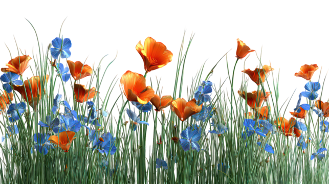 Orange and Blue Flowers in Lush Green Grass