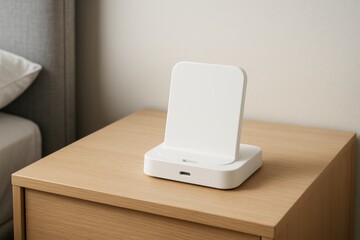 Minimalist white phone charging stand on wooden bedside table in cozy bedroom interior with soft light and neutral background wall. Ai generative