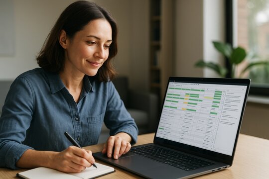 Woman working on laptop with spreadsheet open while taking notes in notebook, sitting at desk in bright room with natural light background. Ai generative