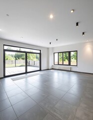 A spacious, modern living area boasts large windows offering an outdoor view.