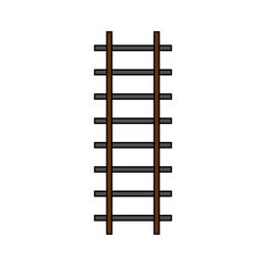 Overhead view of a stylized railway track with brown rails and black sleepers on a white background.