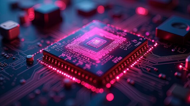 Microchip computer chips is prominently displayed with glowing circuits illuminated by red lights, creating a futuristic atmosphere in a technology lab - Powered by Adobe