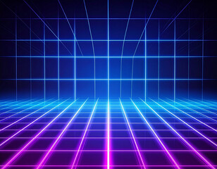 Futuristic neon grid tunnel with blue and pink lights