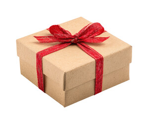 Obraz premium Square kraft paper gift box with red ribbon