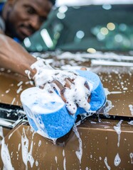 Close-up of hands washing a vehicle's hood with a blue sponge, revealing sudsy water and a focused worker.