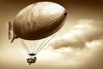 Vintage airship soaring through sepia sky