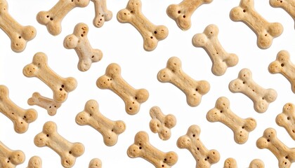 Bone-shaped dog biscuits in assorted shades of beige and brown scattered on a white background