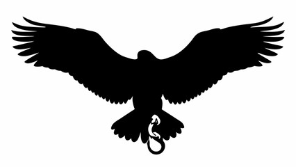 Silhouette of a bird of prey with outstretched wings and a snake in its talons in black and white style