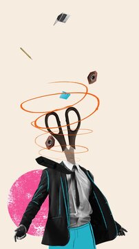 Loop animation. Creative tornado. Laptop, books, tools and attention, as eye, swirling in in doodle over businessman's head against beige backdrop. Concept of inspiration flow, chaos, creative process