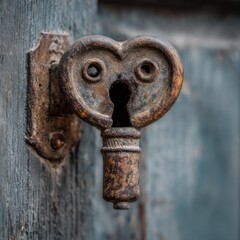Rustic Heart Shaped Keyhole on Weathered Blue Wooden Door