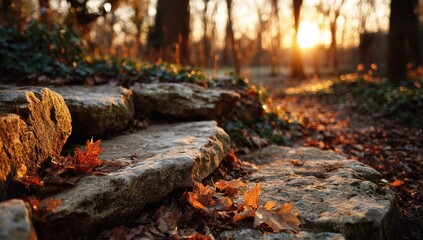 Autumnal stone steps in a sunlit park