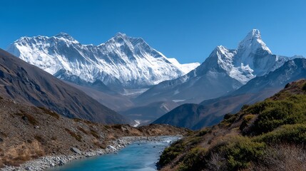Obraz premium Panoramic view of snow-capped Himalayan peaks, valley, and turquoise river