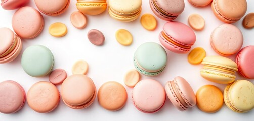 Fototapeta premium Assortment of colorful, delicate macarons on pristine white background, pastel, yellow