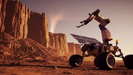 Robotic rover explores a desolate, red Martian landscape with towering rock formations, embodying advanced technology for extraterrestrial discovery