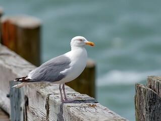 Obraz premium seabird resting on wooden structure 