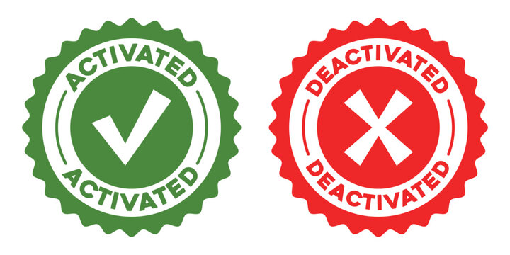 Activated and deactivated status seals with checkmark and cross symbols
