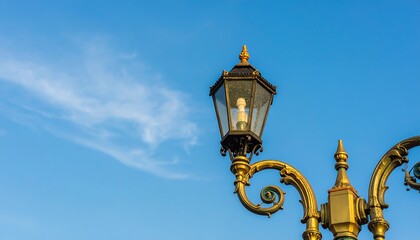 Ornate gold lamp post against a clear blue sky with wispy clouds