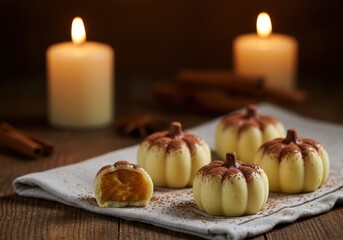Delightful Pumpkin-Shaped Treats with Spices and Candles on Rustic Wooden Table