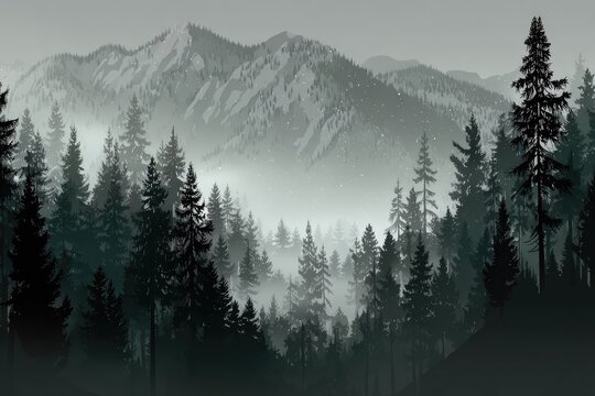 Misty mountain range with dense forest