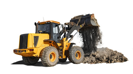 This loader bulldozer is actively lifting a large pile of dirt, showing its powerful hydraulic arms and heavy-duty tires, ideal for construction work. Isolated.