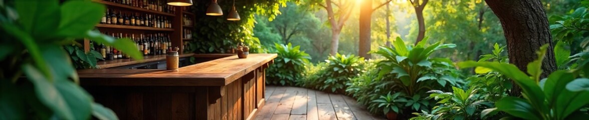 Rustic wooden bar counter nestled amongst lush green foliage, sunlight dappling through leaves Perfect for a nature-themed bar, restaurant, or pub concept , bamboo, light, ecology