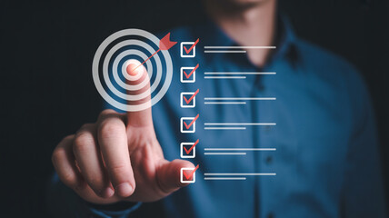 Achieving goals and completing tasks concept with checklist and target for business success and productivity