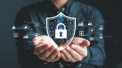 Cyber security data protection and privacy concept with shield lock and information icons on hand