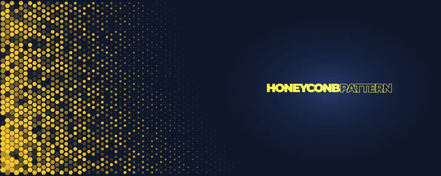 Hexagon Background Glowing Honeycomb Pattern In Yellow Blue Colors for AI, Tech Digital Forum and Conference Ad Presentation. Hexagonal Modern Texture. Halftone Gradient Backdrop. Vector Abstract BG
