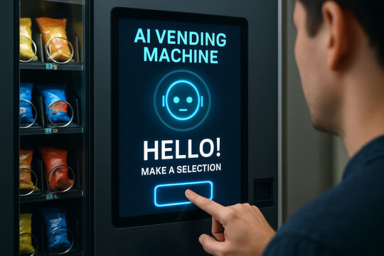 AI vending machine replacing jobs with advanced technology and touch screen interface in modern indoor setting