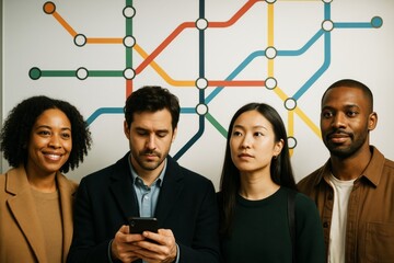 Group of diverse young professionals standing in front of colorful subway map background, expressing various emotions and focus levels. Ai generative