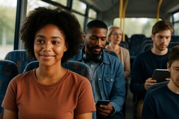 Diverse group of young adults commuting on public bus with natural light and relaxed expressions in casual clothing, concept of modern public transport. Ai generative