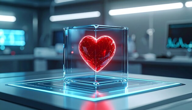 Display of a glowing red heart model in a futuristic medical lab setting