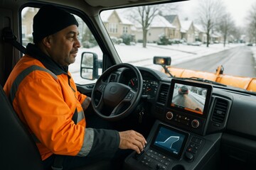 Snow plow truck driver monitors rear camera and navigation system while clearing residential street with snow-covered background in winter daylight. Ai generative